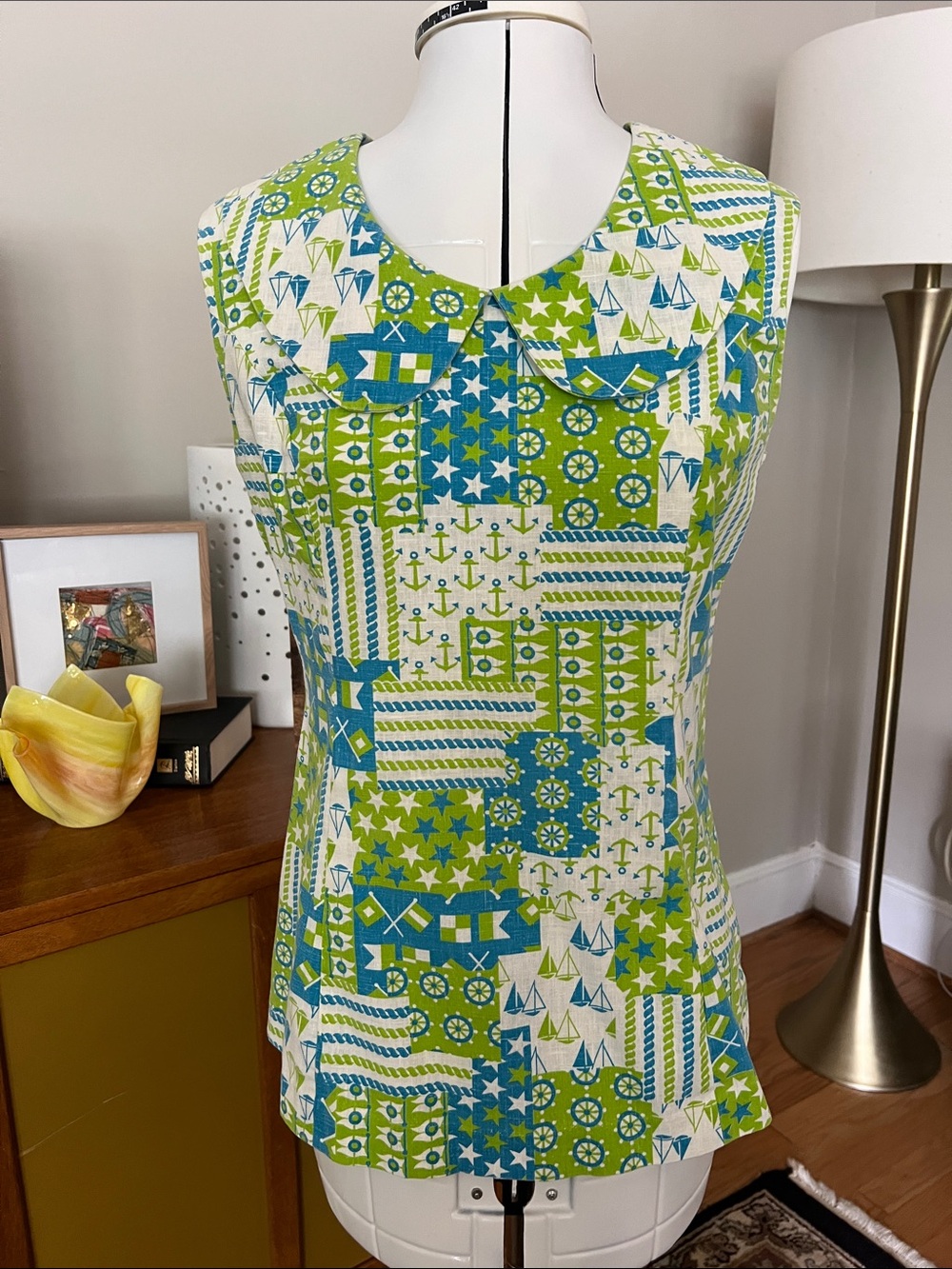 Handmade Sleeveless Patchwork Style Tank Top in Green & Blue Coastal Pattern